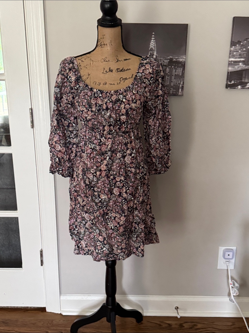 First Love Pink Floral Scoop-Neck Mini Dress on Black